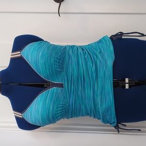 2 tankini tops and 1 bottom, blue and black